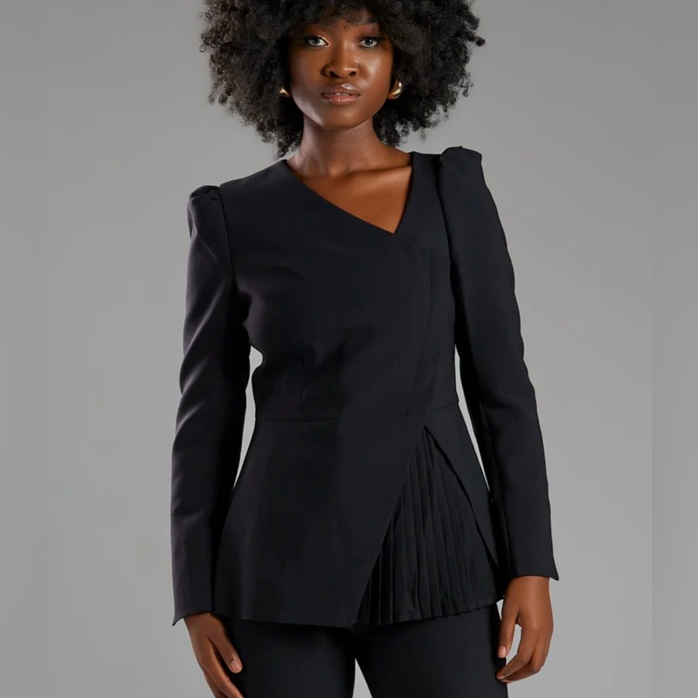 Seragyi‎ Black Asymmetric Wool Blazer with Pleated Peplum